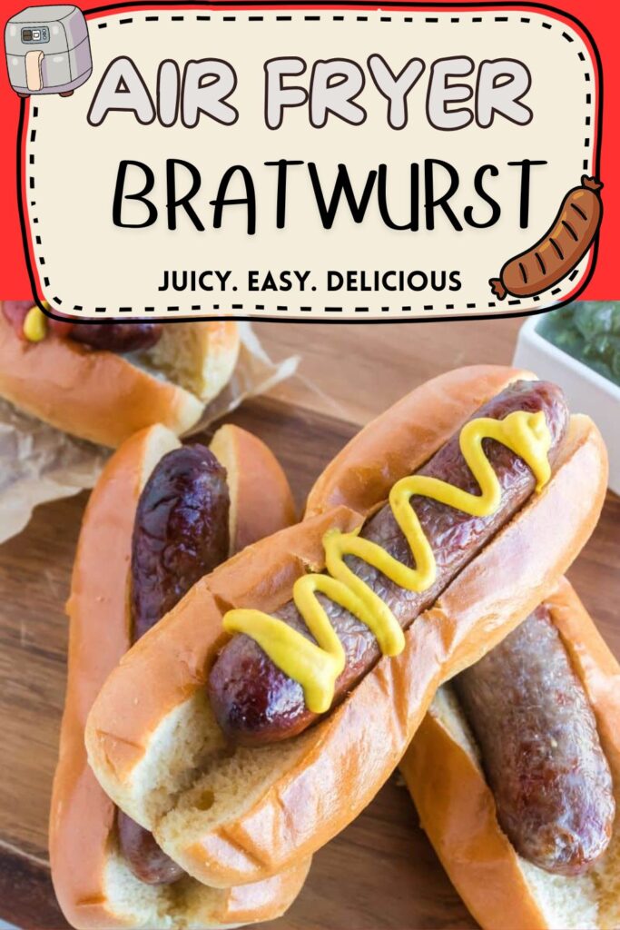 Air Fryer Bratwurst stacked on wooden table with mustard drizzled on top