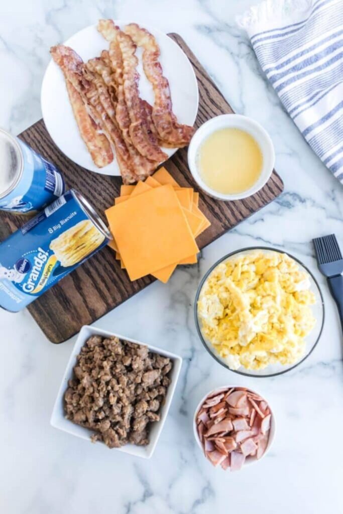 ingredients for Air Fryer Breakfast Bombs on marble counter