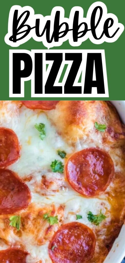 Bubble Pizza in a casserole with words on top of it