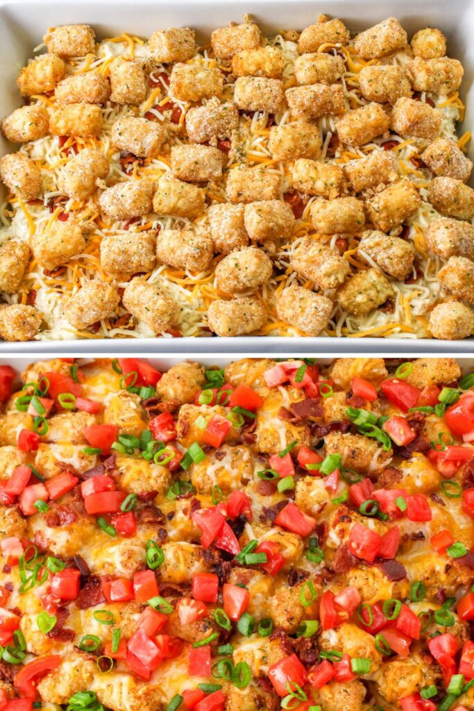 tots in a casserole and then baked and topped with tomatoes and green onions