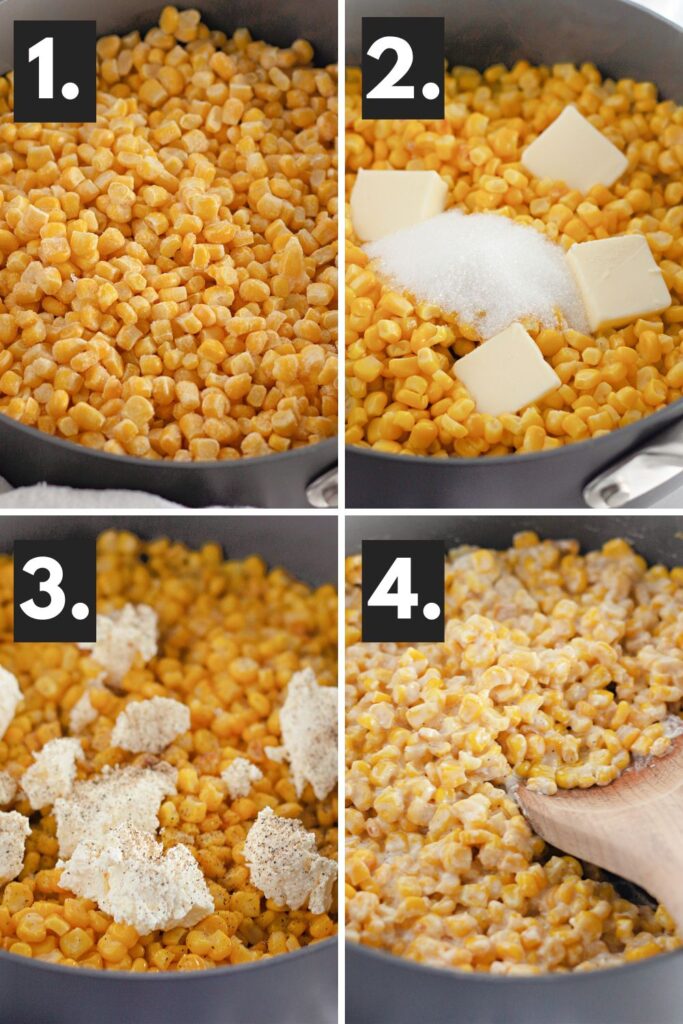 collage of how to cook skillet corn on the stovetop with steps on how it is made