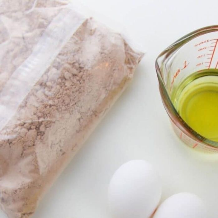 cake mix, oil and egg on counter