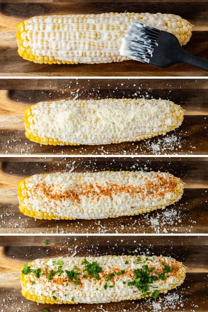 collage of assembling elote corn on cutting board