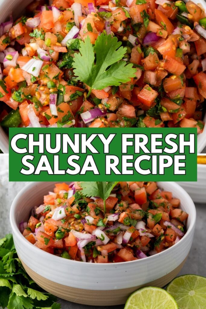 collage of salsa. First one is close up in a bowl and second is a bowl of salsa sitting on table with lime and cilantro in front