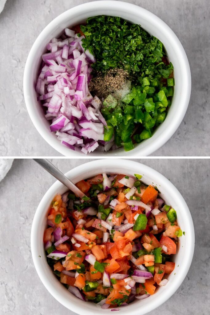 salsa prep in a bowl on marble counter. Overhead view of chopped veggies in bowl and then second image is chunky salsa mixed in a bowl