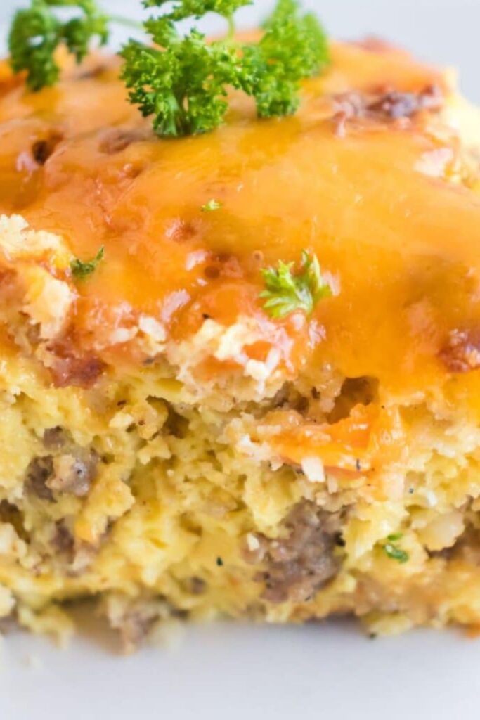 Sausage and Egg Casserole sliced and placed on a plate
