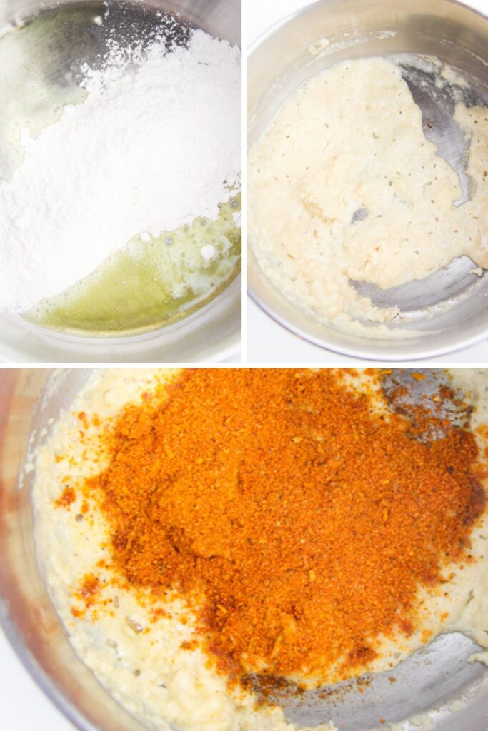 mixing up the enchilada sauce in a skillet