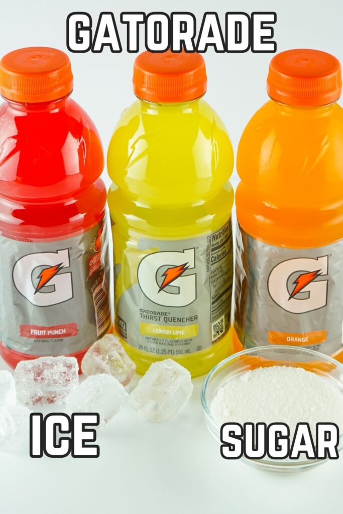 gatorade bottles on table with ice and a bowl of sugar sitting in front