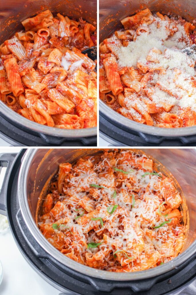 collage of mixing cheese into pasta in instant pot