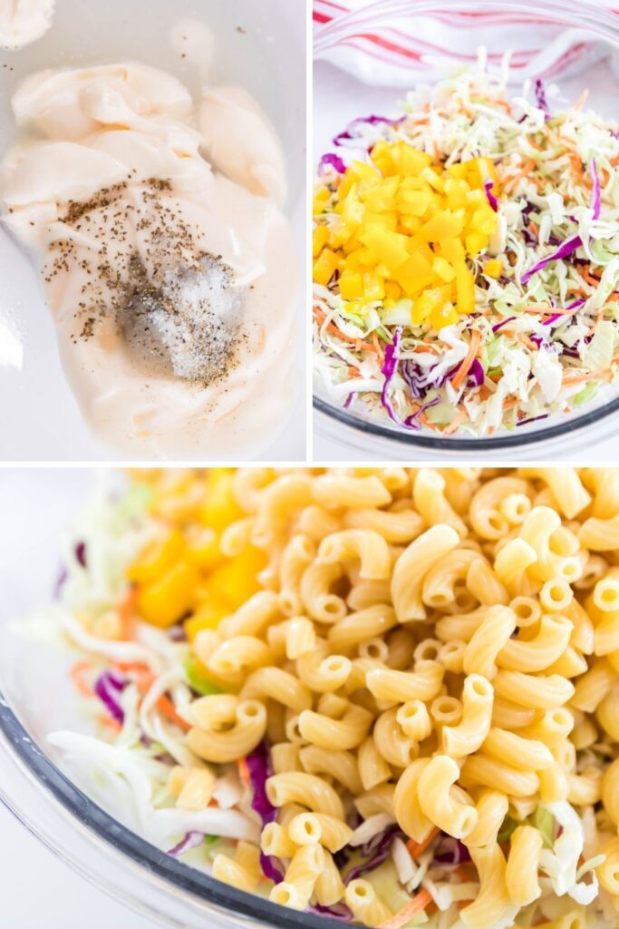 collage of how to make macaroni pasta coleslaw salad