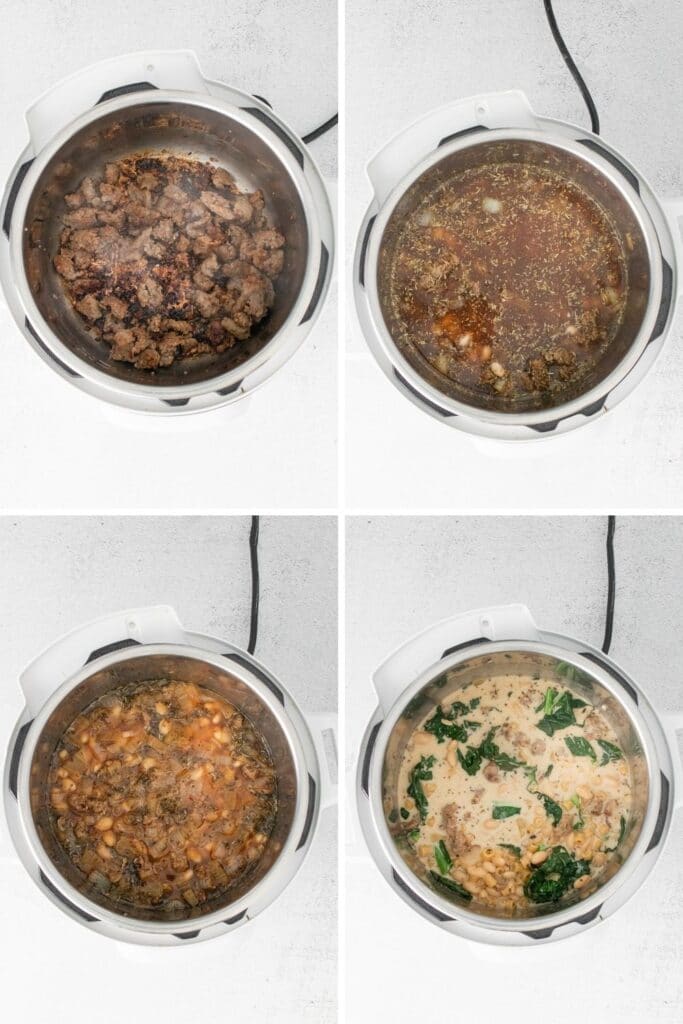 Collage of images on how to make instant pot pasta e fagioli soup
