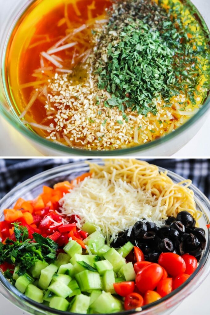 collage of how to make dressing and pasta salad