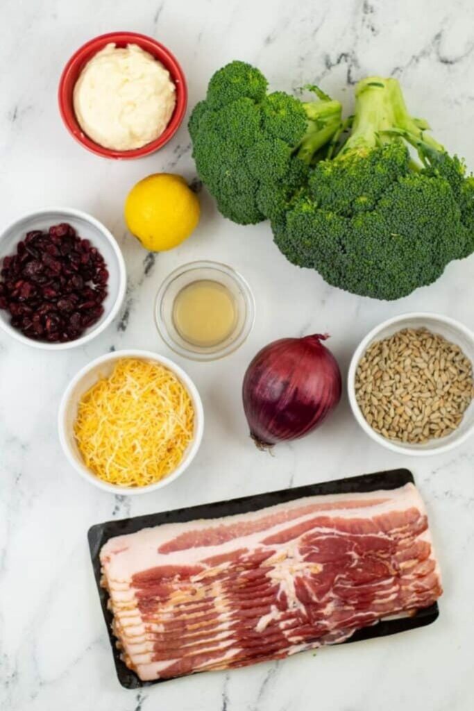 ingredients for making Amish Broccoli Salad on table